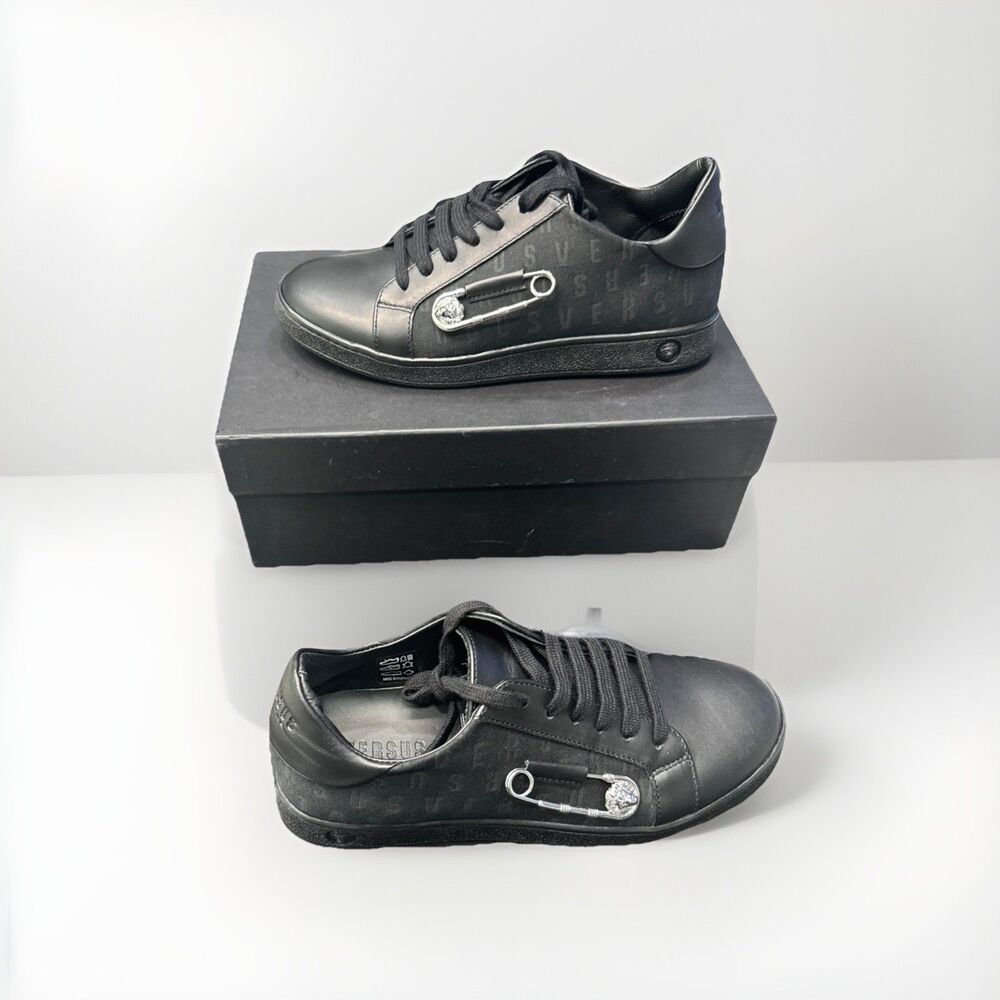 Versace Versus Lionhead Safety Pin Sneakers Black Leather EU 36 US 6 BNIB Luxury